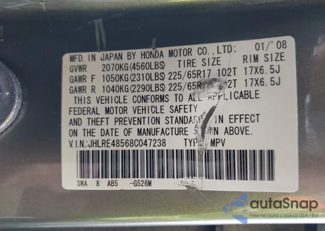 2008 Honda Cr-V Ex from USA, damaged, VIN JHLRE48568C047238